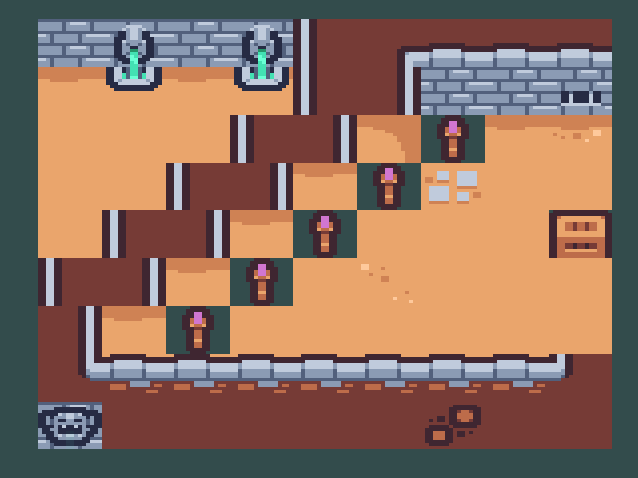 A failed attempt at rendering a dungeon using tiled 2D pixel art sprites. The image should depict a square dungeon containing a box; some posts or wands (it's not clear, to tell you the truth); and a couple of fountains. Due to an offset error, however, the walls become staggered and form a jagged diagonal line across the image, with a sandy floor and scattered items on both sides.